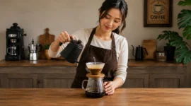Ilustrasi Wanita membuat minuman kopi. (Foto: AI Generate)