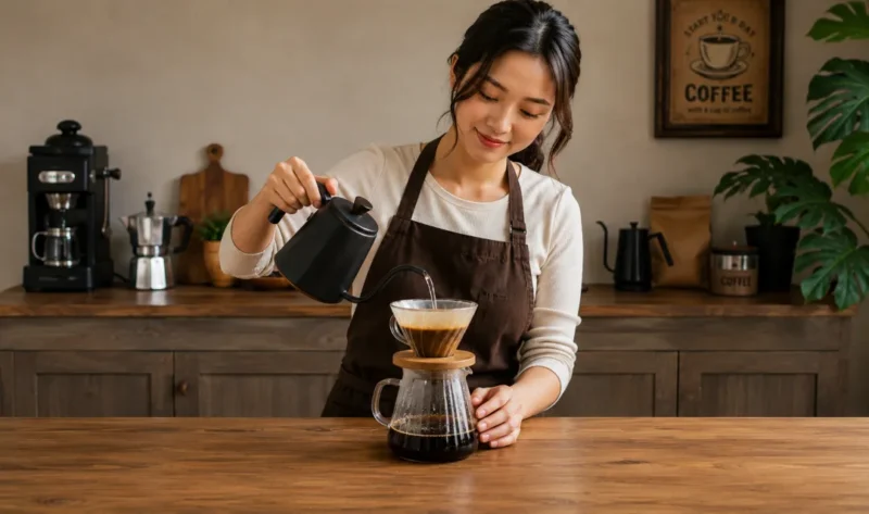 Ilustrasi Wanita membuat minuman kopi. (Foto: AI Generate)