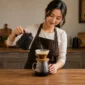 Ilustrasi Wanita membuat minuman kopi. (Foto: AI Generate)