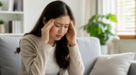 Ilustrasi wanita mengalami pusing. Gejala ini dapat muncul akibat berbagai penyebab, seperti kurang tidur, dehidrasi, stres, atau kondisi medis tertentu. (Foto: AI Generate)