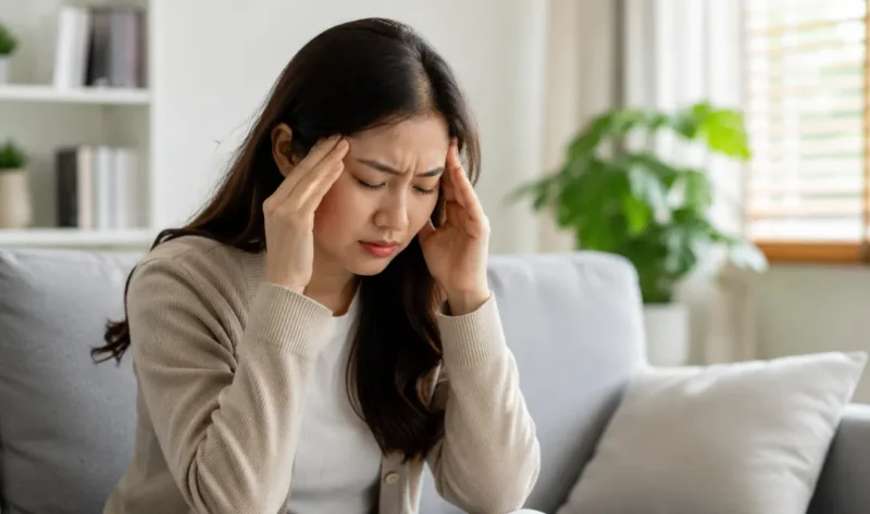 Ilustrasi wanita mengalami pusing. Gejala ini dapat muncul akibat berbagai penyebab, seperti kurang tidur, dehidrasi, stres, atau kondisi medis tertentu. (Foto: AI Generate)
