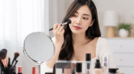 Ilustrasi wanita menggunakan makeup. (Foto: AI Generate)