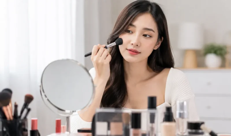 Ilustrasi wanita menggunakan makeup. (Foto: AI Generate)