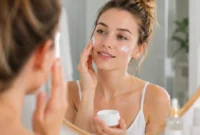 Ilustrasi wanita mengoleskan moisturizer ke wajah. (Foto: AI Generate)