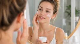Ilustrasi wanita mengoleskan moisturizer ke wajah. (Foto: AI Generate)