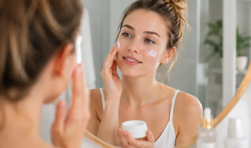 Ilustrasi wanita mengoleskan moisturizer ke wajah. (Foto: AI Generate)