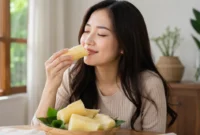 Ilustrasi wanita menikmati singkong rebus. (Foto: AI Generate)