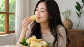 Ilustrasi wanita menikmati singkong rebus. (Foto: AI Generate)