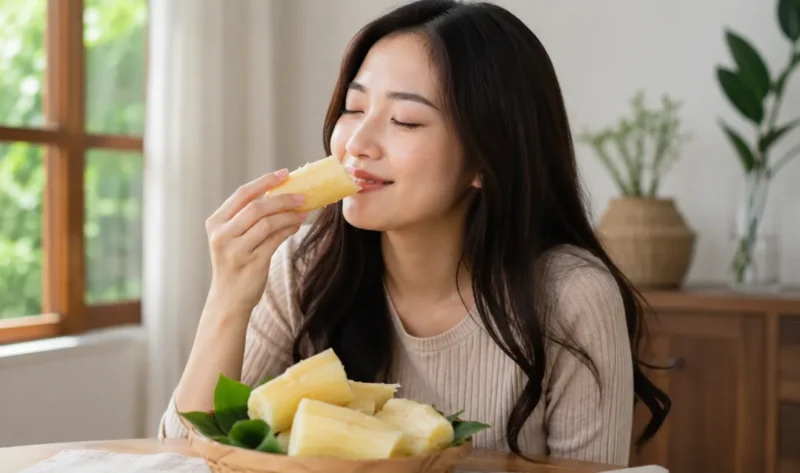 Ilustrasi wanita menikmati singkong rebus. (Foto: AI Generate)