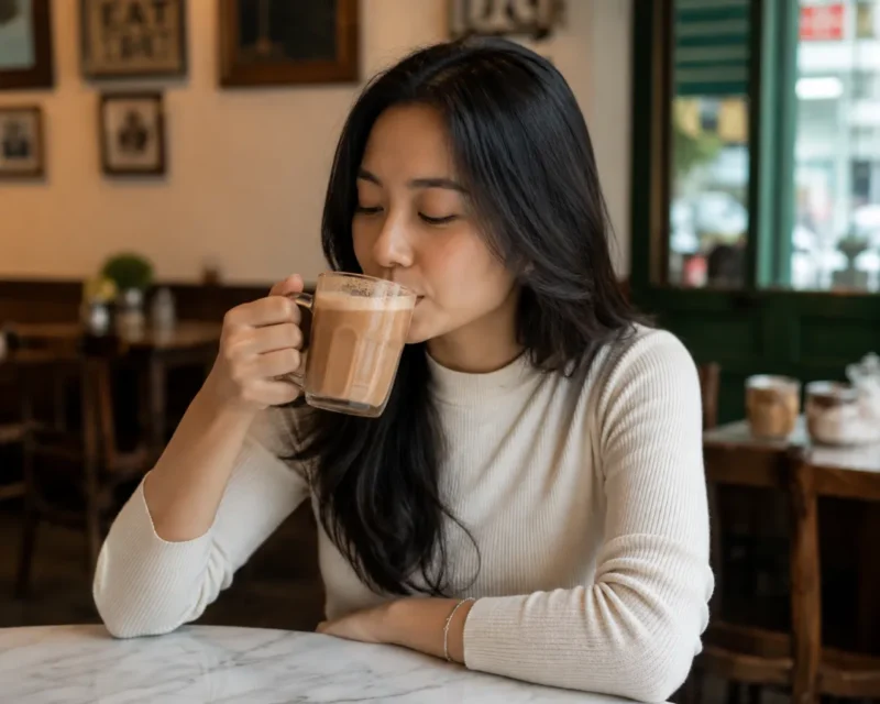 Ilustrasi seorang wanita sedang menikmati secangkir teh tarik. (Foto: AI Generate)