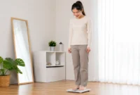 Ilustrasi wanita menimbang berat badan. (Foto: AI Generate)