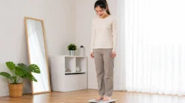 Ilustrasi wanita menimbang berat badan. (Foto: AI Generate)