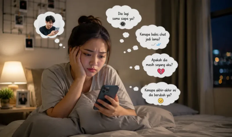 Ilustrasi wanita overthinking ke pacar. (Foto: AI Generate)