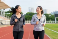 
Ilustrasi seorang wanita sedang jogging di lapangan. (Foto: AI Generate)
