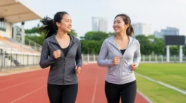 
Ilustrasi seorang wanita sedang jogging di lapangan. (Foto: AI Generate)