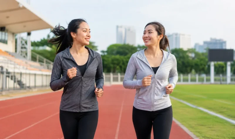 
Ilustrasi seorang wanita sedang jogging di lapangan. (Foto: AI Generate)