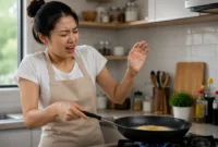 Ilustrasi wanita terkena percikan minyak panas saat memasak. (Foto: AI Generate)