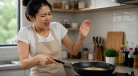 Ilustrasi wanita terkena percikan minyak panas saat memasak. (Foto: AI Generate)