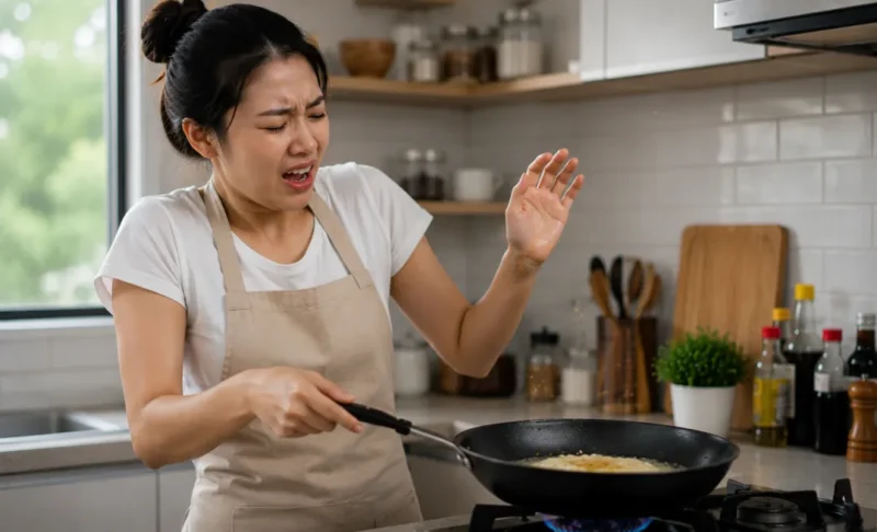 Ilustrasi wanita terkena percikan minyak panas saat memasak. (Foto: AI Generate)