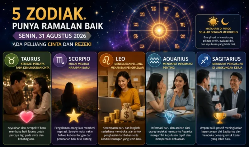 Ilustrasi lima zodiak dengan ramalan baik pada Senin (31/8/2026). (Foto: AI Generated) 