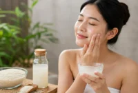 Ilustrasi Wanita mengoleskan air beras ke wajah. (Foto: AI Generate)
