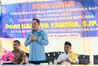 Ketua Komisi IV DPRD Sumbar, Doni Harsiva Yandra saat menggelar Sosialisasi Perda Provinsi Sumbar Nomor 4 Tahun 2023 tentang Penanggulangan Bencana pada 8–9 Agustus 2026. (Foto: Ist)