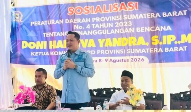 Ketua Komisi IV DPRD Sumbar, Doni Harsiva Yandra saat menggelar Sosialisasi Perda Provinsi Sumbar Nomor 4 Tahun 2023 tentang Penanggulangan Bencana pada 8–9 Agustus 2026. (Foto: Ist)