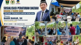 Anggota Komisi IV DPRD Sumbar, Bakri Bakar saat sosialisasi Perda Sumbar Nomor 4 Tahun 2023 tentang Penanggulangan Bencana di Kecamatan Lunang, Pesisir Selatan, Sabtu (8/8/2026). (Foto: Ist)