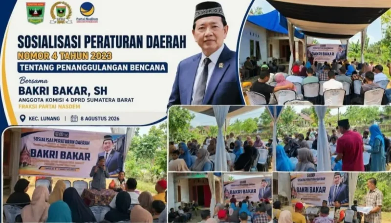 Anggota Komisi IV DPRD Sumbar, Bakri Bakar saat sosialisasi Perda Sumbar Nomor 4 Tahun 2023 tentang Penanggulangan Bencana di Kecamatan Lunang, Pesisir Selatan, Sabtu (8/8/2026). (Foto: Ist)