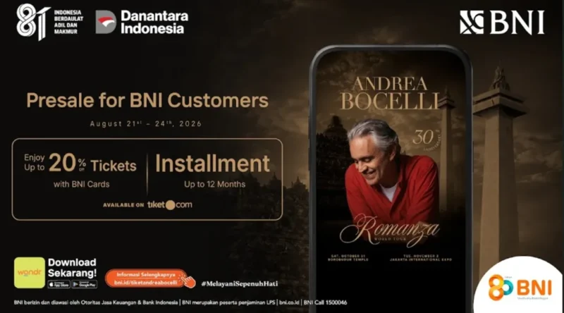 BNI buka presale tiket Andrea Bocelli mulai 21 Agustus hingga 24 Agustus 2026. (Foto: BNI)