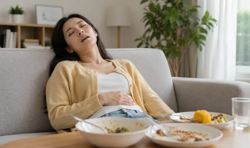 Ilustrasi badan lemas setelah makan. (Foto: AI Generated)