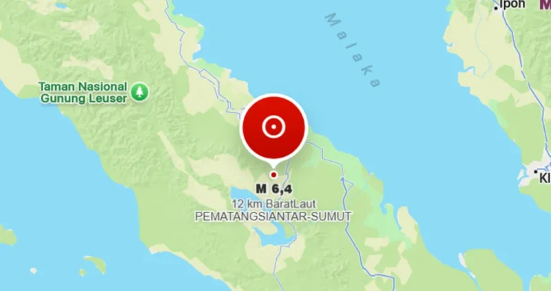 Gempa bumi berkekuatan magnitudo 6,4 mengguncang wilayah Kabupaten Simalungun, Sumatera Utara pada Sabtu (15/8/2026), pukul 17.54 WIB. (Foto: BMKG)