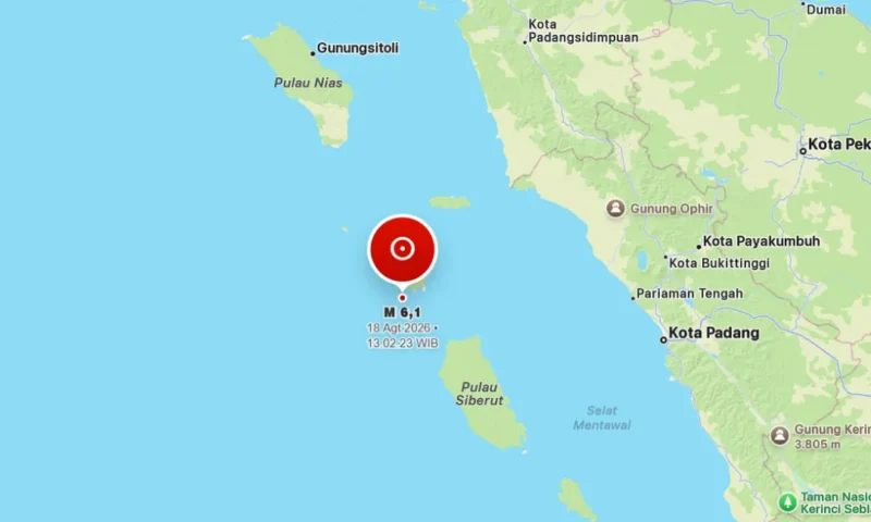 Gempa bumi berkekuatan magnitudo 6,1 mengguncang wilayah Nias Selatan, Selasa (18/8/2026) pukul 13.02 WIB. (Foto: BMKG)