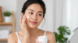 Ilustrasi Wanita memakai moisturizer. (Foto AI Generate)