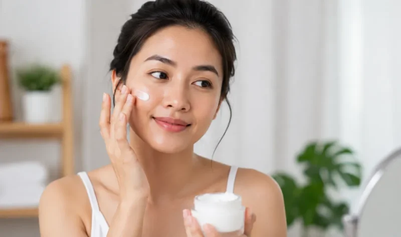 Ilustrasi Wanita memakai moisturizer. (Foto AI Generate)