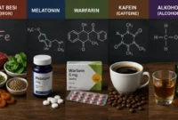 Ilustrasi zat besi, melatonin, warfarin, kafein dan alkohol. (Foto AI Generated)