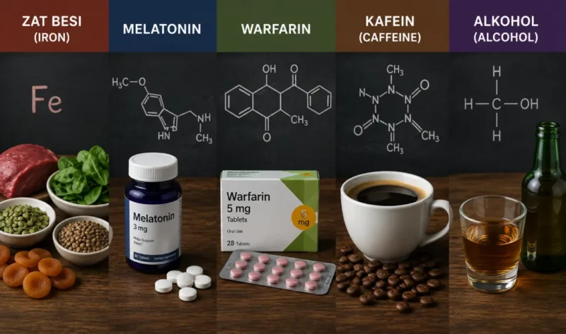 Ilustrasi zat besi, melatonin, warfarin, kafein dan alkohol. (Foto AI Generated)
