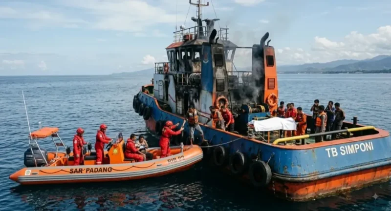 Kapal tugboat (TB) Simponi terbakar saat melintasi perairan Kota Padang, Jumat (14/8/2026). (Foto: Ist) 