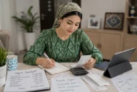 Ilustrasi seorang wanita sedang mengatur keuangan rumah tangga. (Foto: AI Generated)
