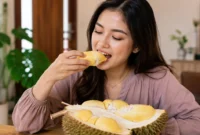 Ilustrasi seorang wanita sedang menyantap durian. (Foto: AI Generated)