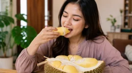 Ilustrasi seorang wanita sedang menyantap durian. (Foto: AI Generated)