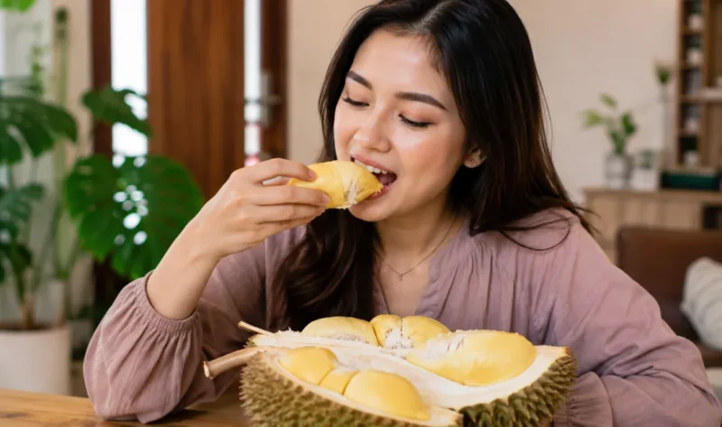 Ilustrasi seorang wanita sedang menyantap durian. (Foto: AI Generated)