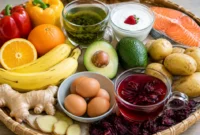 Ilustrasi makanan dan buah yang baik untuk penderita asam urat. (Foto: AI Generate)