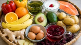 Ilustrasi makanan dan buah yang baik untuk penderita asam urat. (Foto: AI Generate)