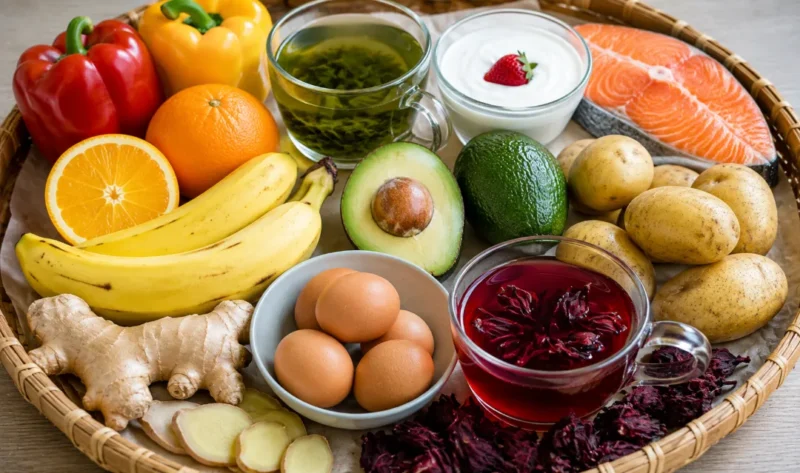 Ilustrasi makanan dan buah yang baik untuk penderita asam urat. (Foto: AI Generate)