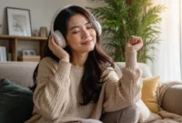 Ilustrasi mendengarkan musik. (Foto: AI Generated)