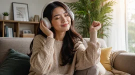 Ilustrasi mendengarkan musik. (Foto: AI Generated)