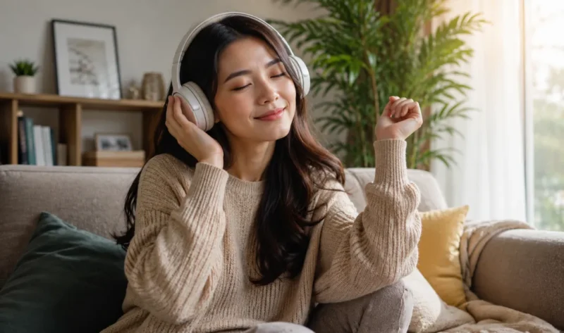 Ilustrasi mendengarkan musik. (Foto: AI Generated)