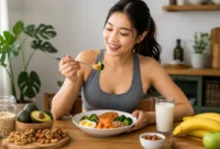 Ilustrasi seorang wanita mengonsumsi makanan sehat untuk menambah berat badan. (Foto: AI Generate)
