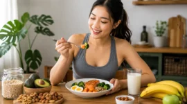 Ilustrasi seorang wanita mengonsumsi makanan sehat untuk menambah berat badan. (Foto: AI Generate)